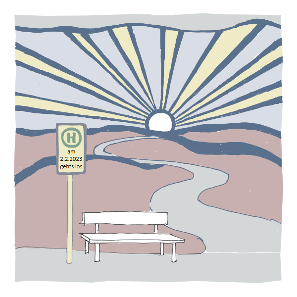 Das Bühnenbild. Auf dem Haltestellen Schild steht: am 2-2-2023 gehts los. Dahinter eine Landschaft mit aufgehender Sonne nach Roy Lichtenstein