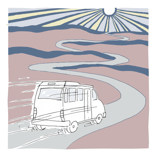 Eine Landschaft frei nach Roy Lichtenstein. Der Bus fährt Richtung Horizont.